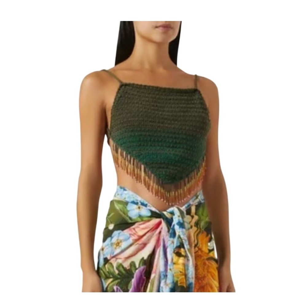 Agua Bendita Olive Green Crochet Fringe Crop Top